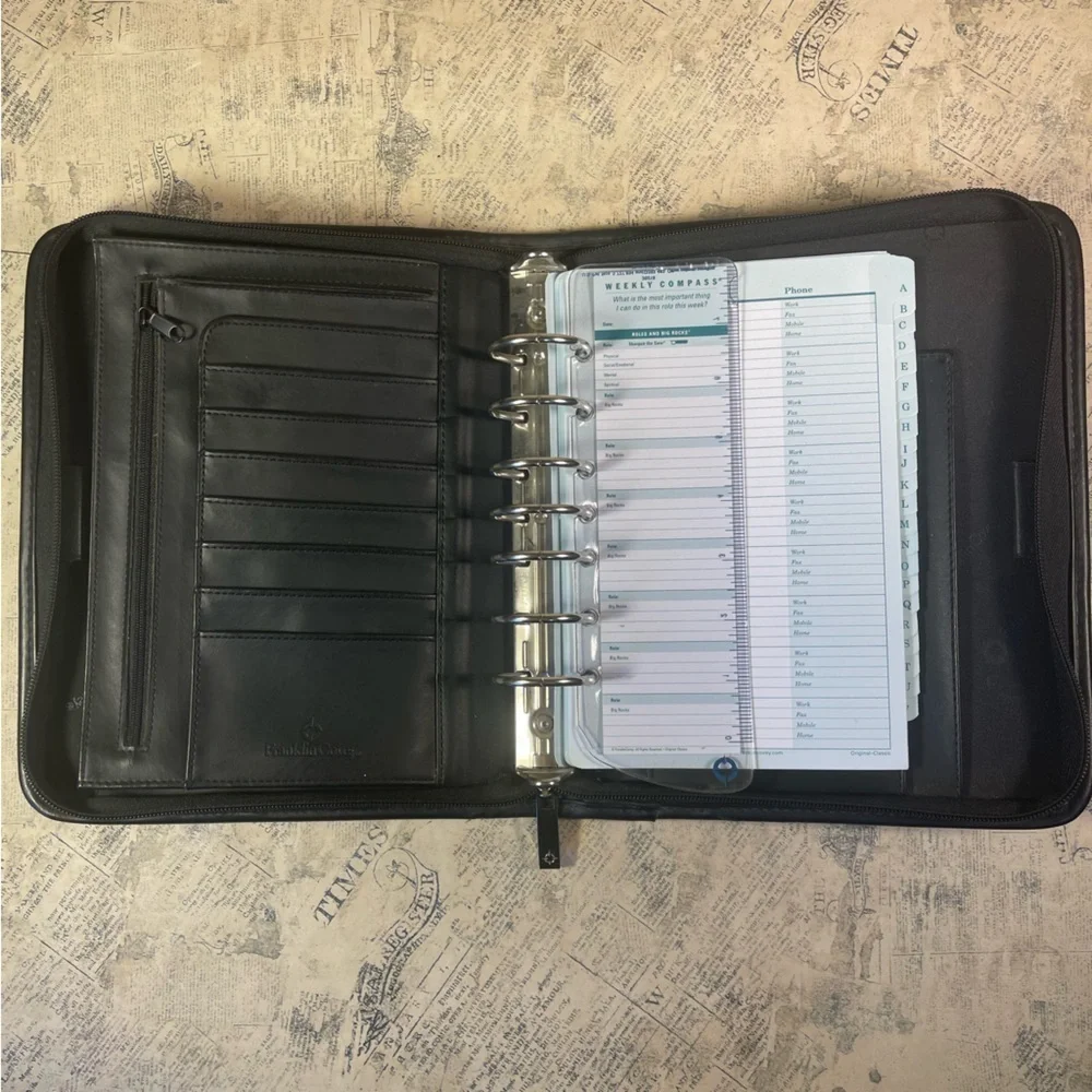 Vintage Franklin Covey Leather Trim Canvas 7 Ring Planner Organizer Binder